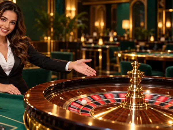 bro444 + Female dealer presenting a roulette wheel and chips at a green casino table