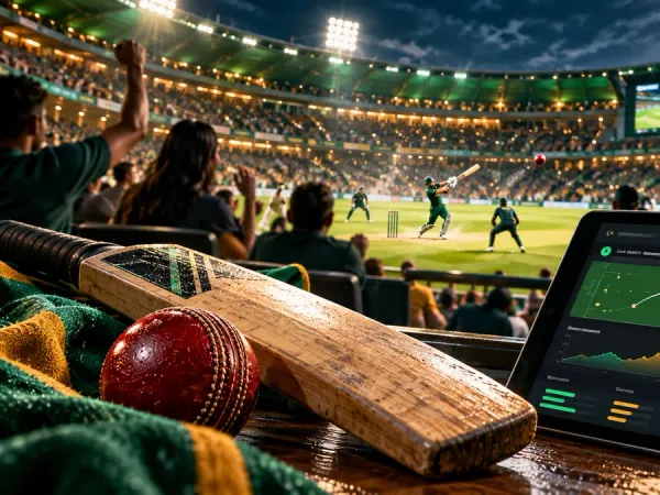 bro444 + Cricket bat and ball beside a match dashboard in a floodlit stadium