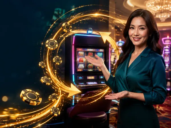 bro444 + Woman in a teal blouse beside slot reels and a circular gold light trail
