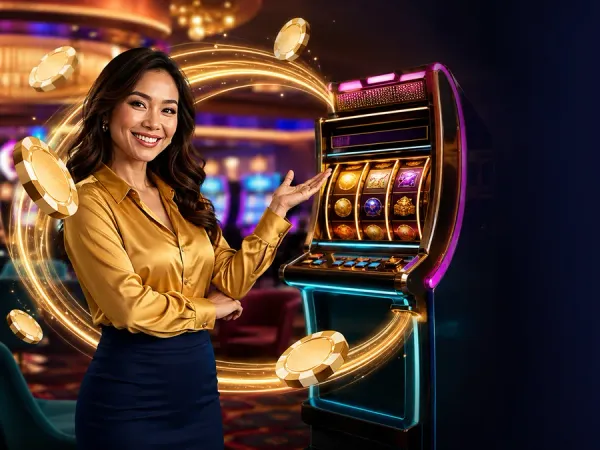 bro444 + Woman in a gold blouse presenting a slot machine with a sweeping gold arrow