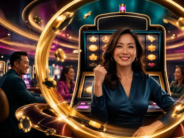bro444 + Woman in a blue blouse framed by a gold ring before slot reels