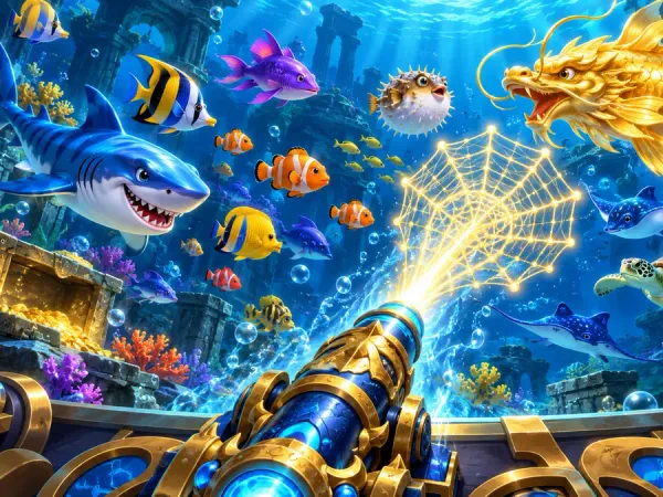 bro444 + Illustrated fishing arcade cannon firing a glowing net toward colourful fish