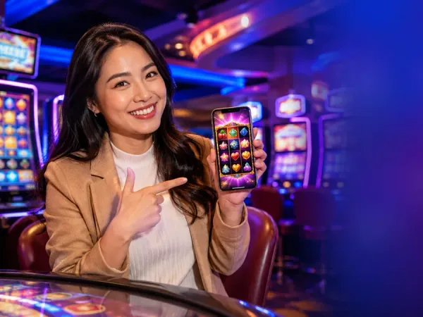 bro444 + Woman pointing at a phone with illustrated reels in a casino
