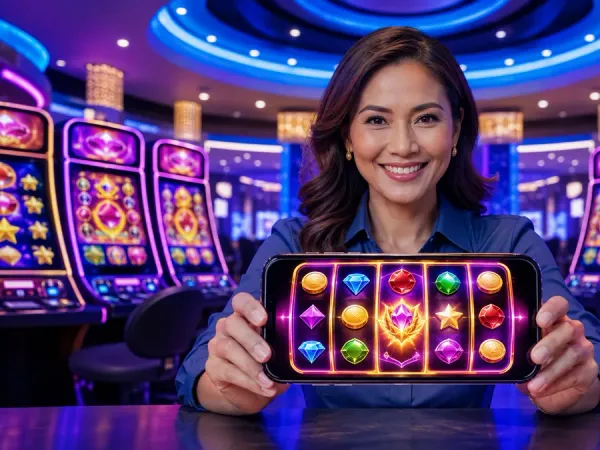 bro444 + Woman presenting a phone with fruit reels against blue casino lighting
