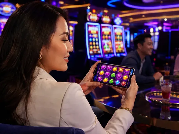 bro444 + Seated woman holding a phone beside illuminated slot machines