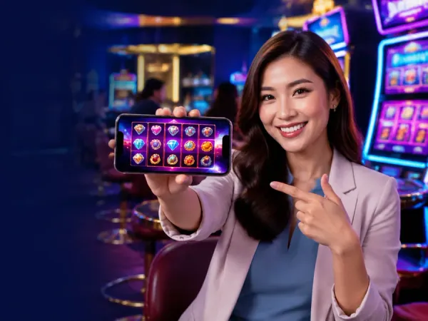 bro444 + Woman holding a phone horizontally with colourful fruit reels on screen
