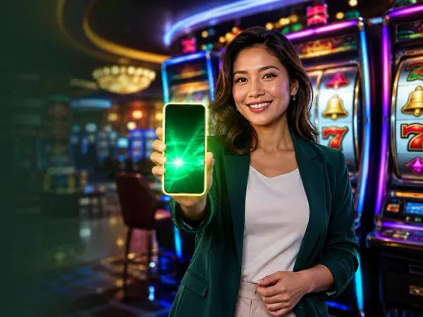 bro444 + Woman in a green blazer holding a glowing smartphone beside slot reels