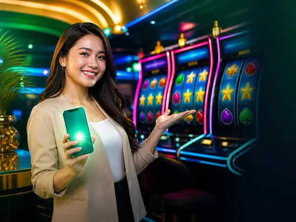 bro444 + Woman in a beige blazer holding a smartphone near colourful slot machines