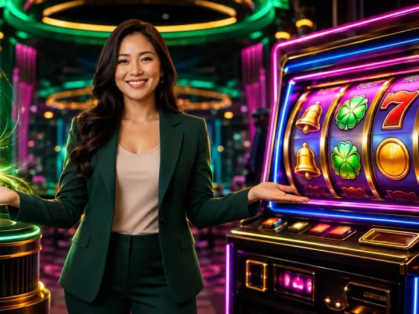 bro444 + Woman presenting a glowing phone on a pedestal beside fruit slot reels