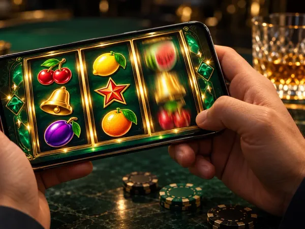 bro444 + Hands holding a phone with fruit slot reels and casino chips