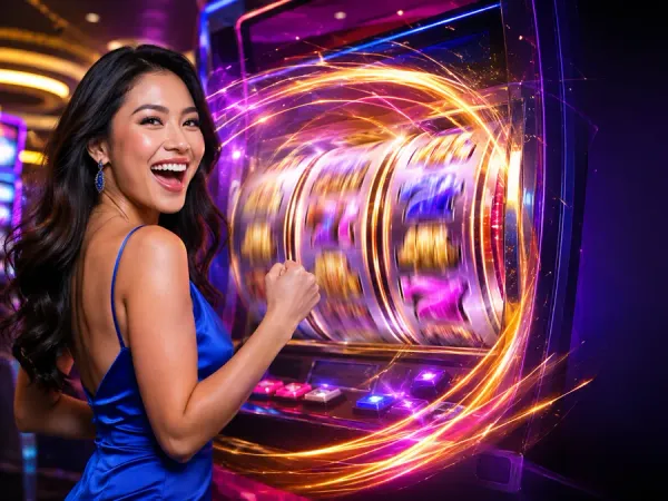 bro444 + Woman in a blue dress beside slot reels with a magenta light trail