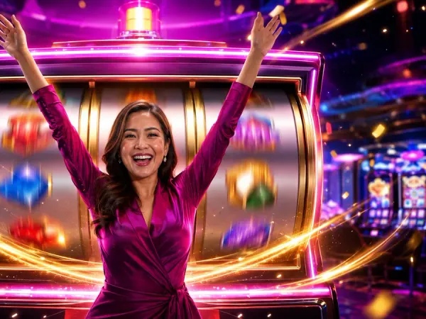 bro444 + Woman raising her arms before a large illuminated slot machine
