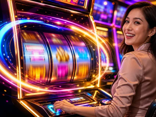 bro444 + Seated woman turning toward a brightly illuminated slot machine