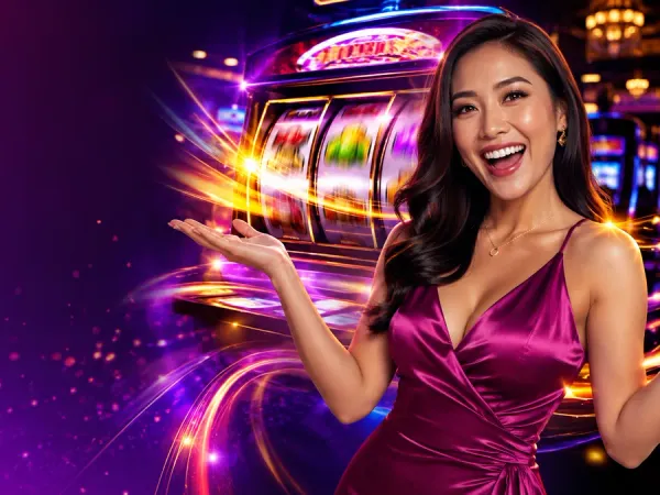 bro444 + Woman in a magenta dress beside illuminated spinning slot reels