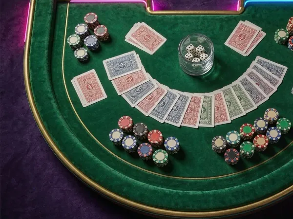bro444 + Overhead view of playing cards and chips on a green table