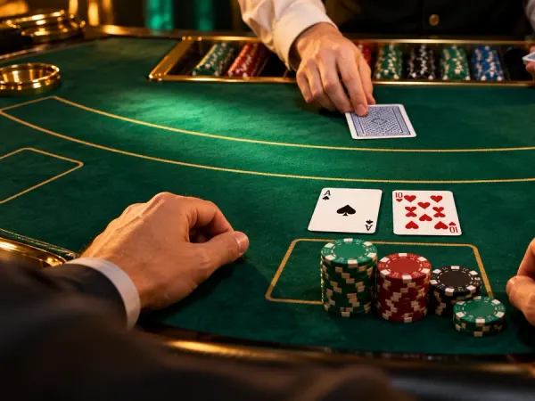 bro444 + Blackjack hand with an ace and ten on green felt beside casino chips